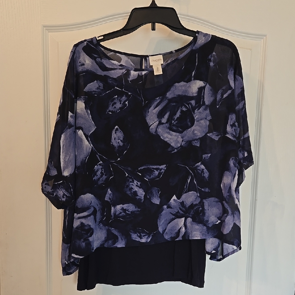 Chico's Semi Sheer Short sleeve Blue Floral Top with built in Tank Size M